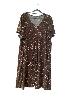 Susan Graver 1X Petite Brown Polka Dot Midi Dress Flutter Sleeve Pockets Stretch